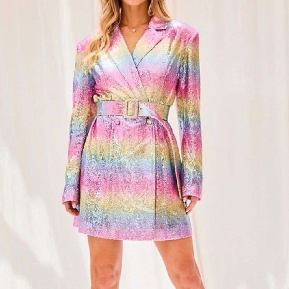 Pastel rainbow sequin dress with belt